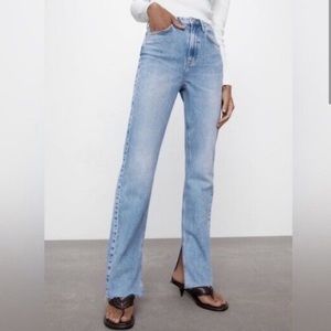 Zara high waisted, medium wash split hem flare jeans